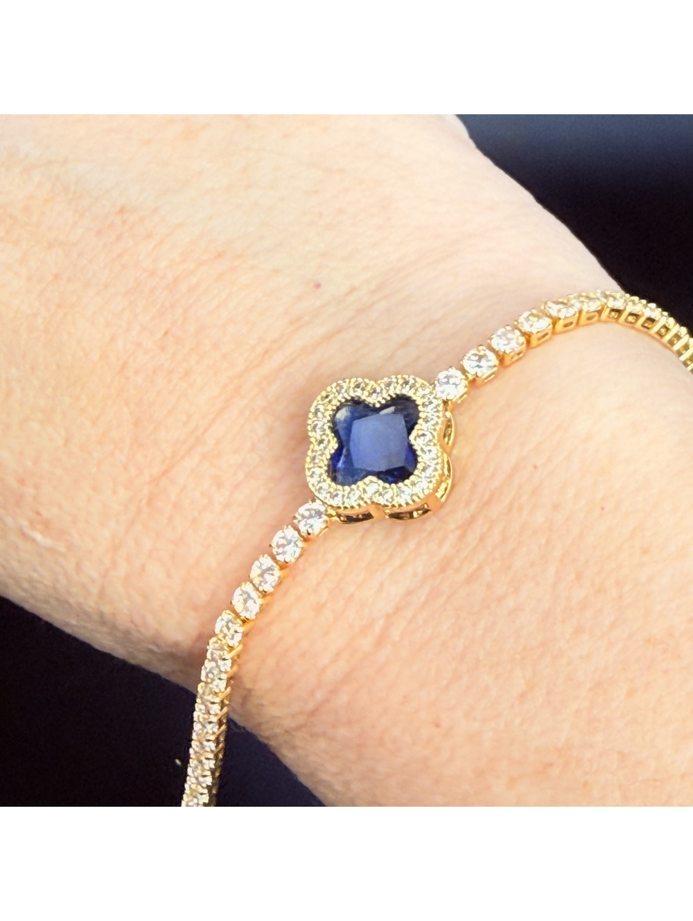 candy+clover navy blue clover crystal gold tone tennis bracelet